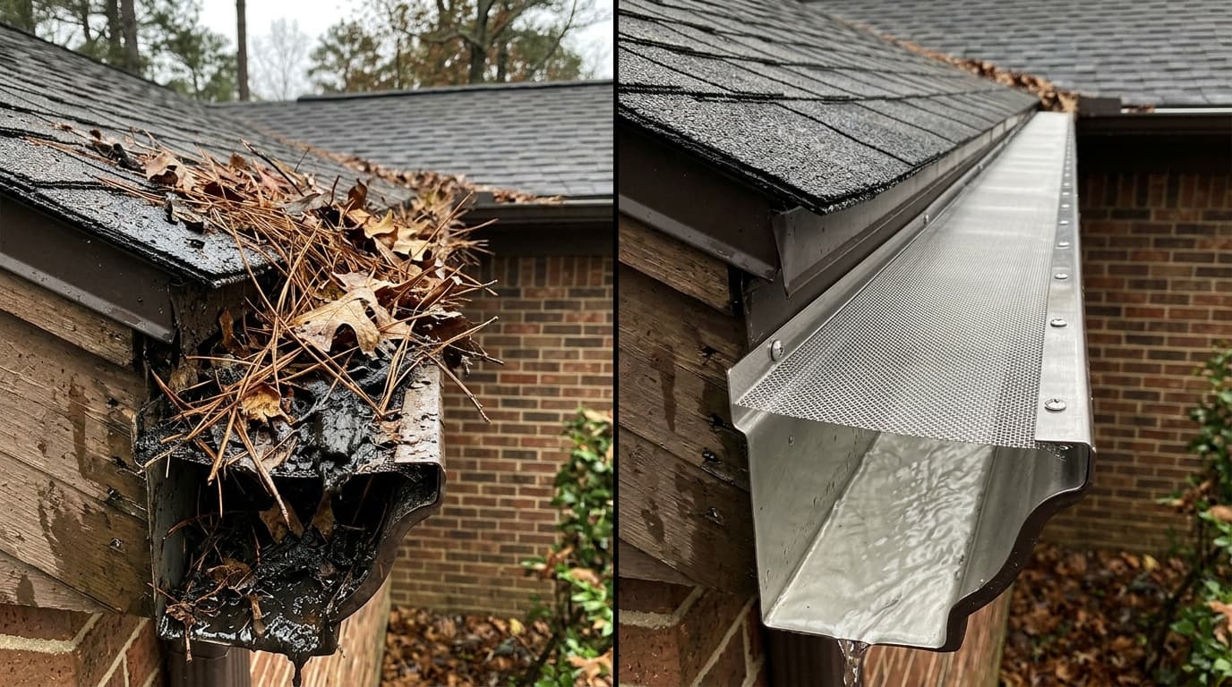 Split screen comparison: Clogged pine needles vs 316 surgical micro-mesh in Bella Vista, AR